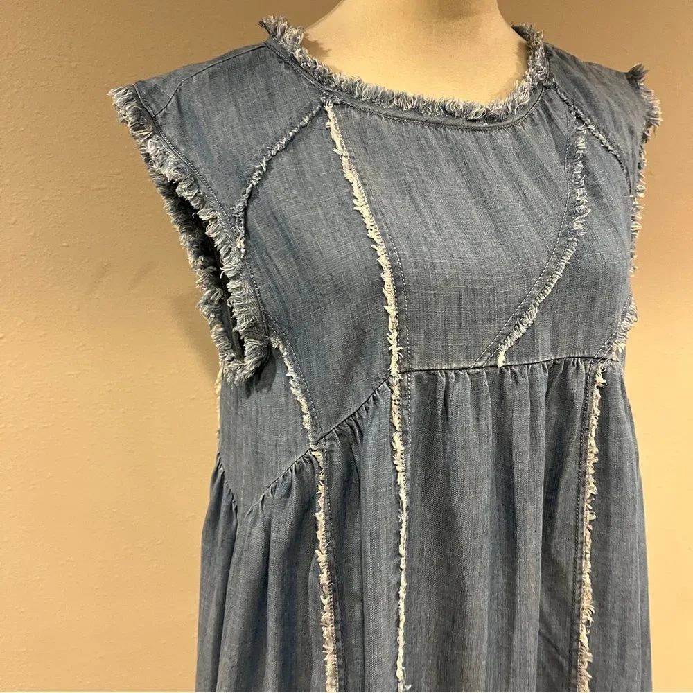 Sleeveless Patched and Frayed Tunic Dress - Light Indigo size small - Picture 4 of 13